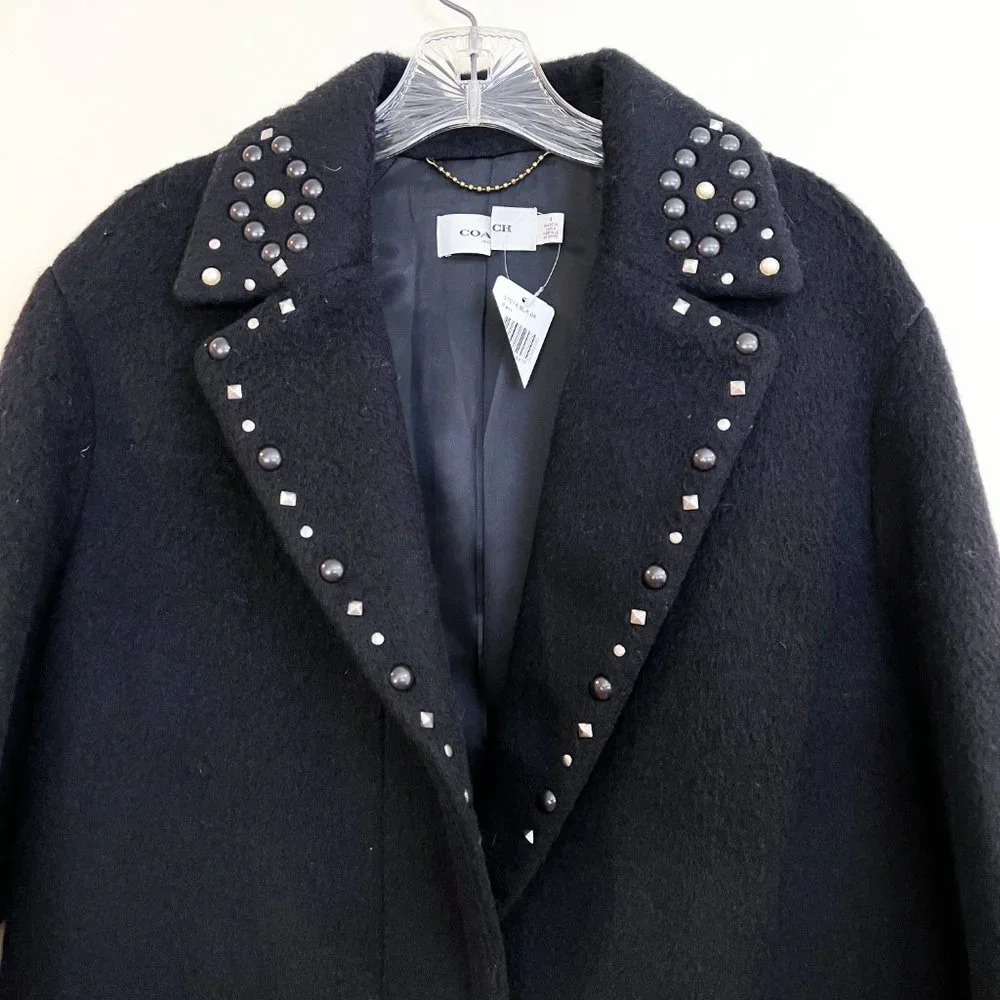 Coach Embellished Black Wool Blend Classic Long Collared Designer Trench Coat 4 - Picture 5 of 10
